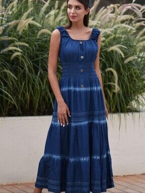 Lapis XL Chambray Denim Maxi Dress Tiered Smocked Waist Boho Cottagecore Western